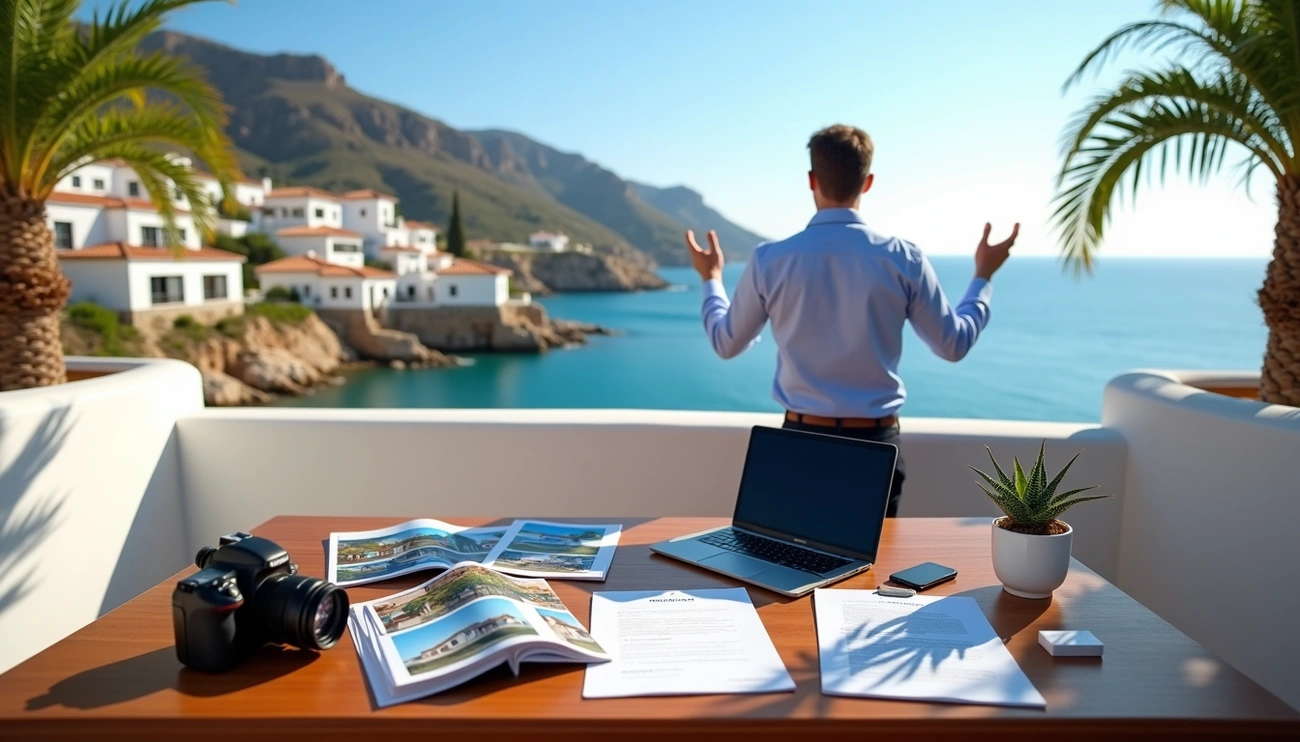 Real estate agent overlooking a coastal Spanish town with property brochures and a laptop on the table.