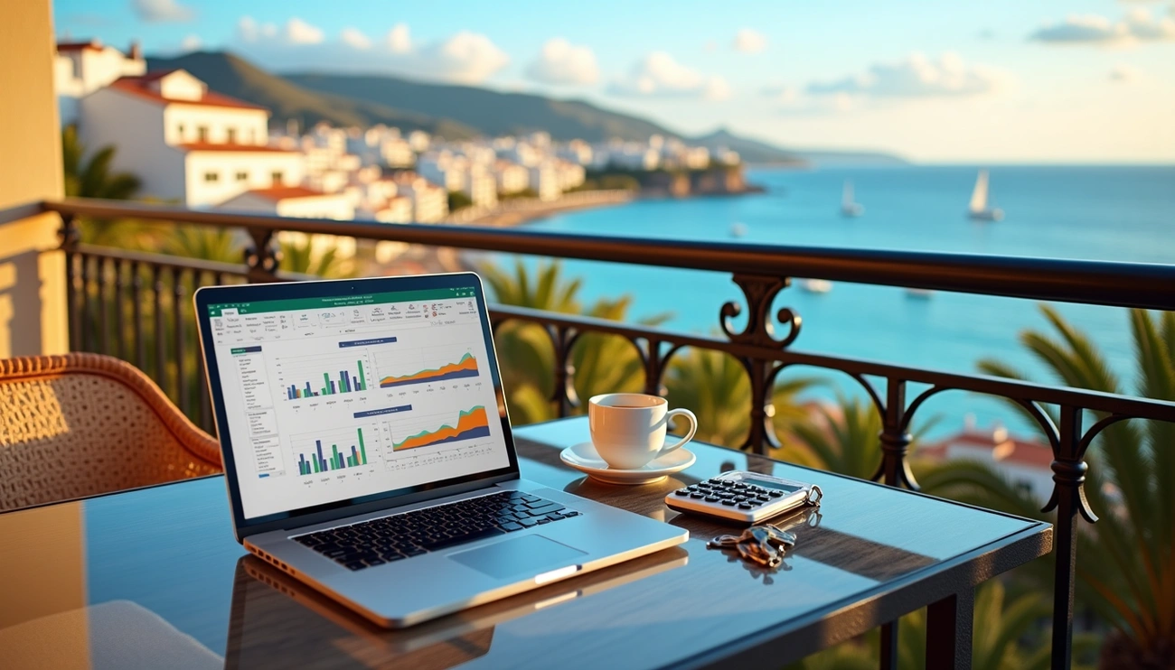 Laptop with financial charts, coffee cup, calculator, and keys on balcony overlooking a Spanish coastal town and sea.