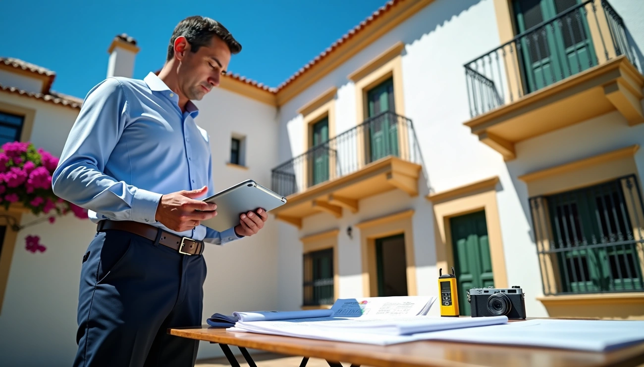 Professional inspecting a Spanish-style property with documents and diagnostic tools on a table outdoors.