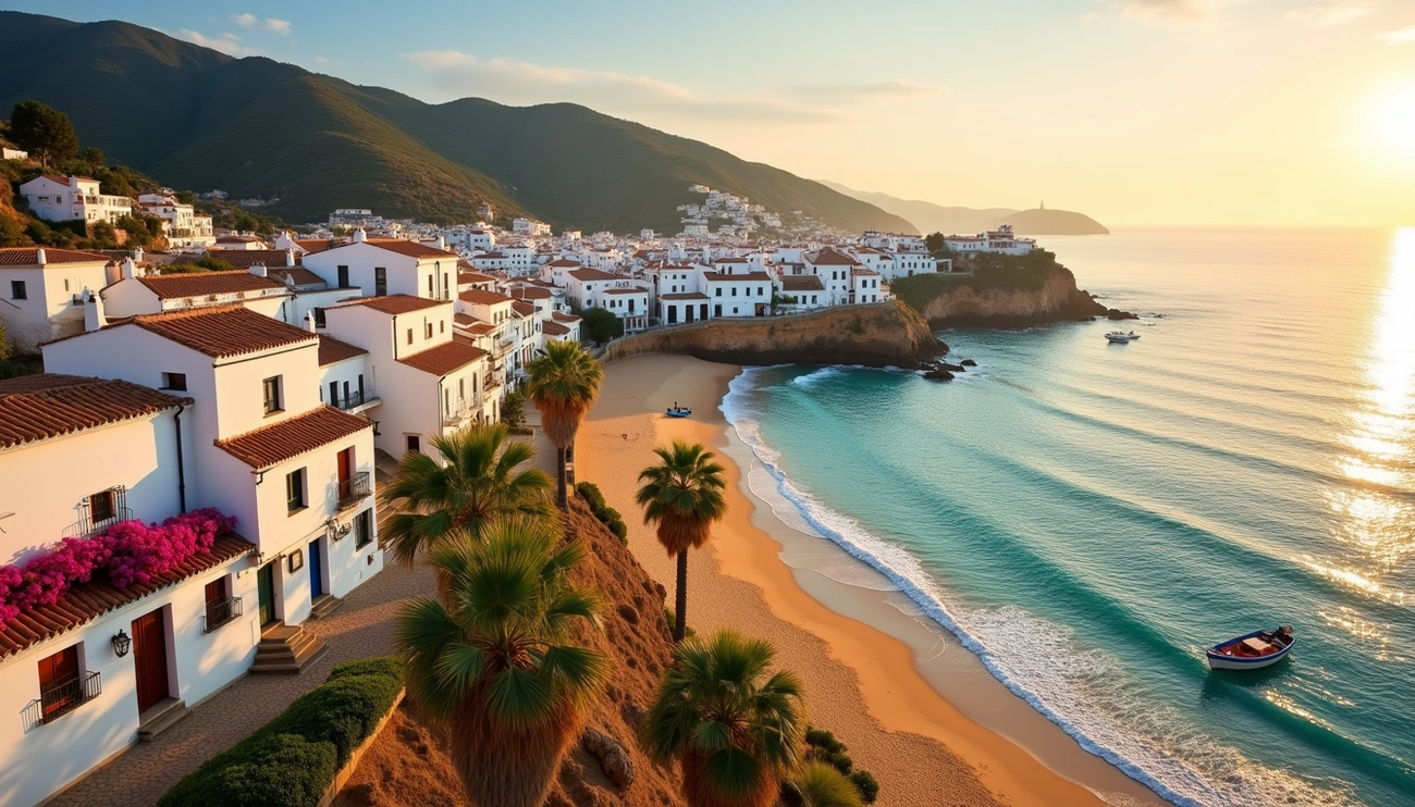 Coastal Andalusian town with white houses, palm trees, sandy beach, and turquoise sea at sunset.