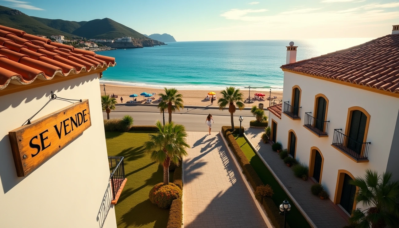 Coastal Spanish property with a 'Se Vende' sign overlooking a beach and turquoise sea under a clear sky.