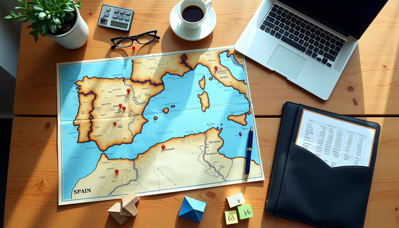 Workspace with a map of Spain marked with pins, laptop, coffee, calculator, and financial documents for investment planning.