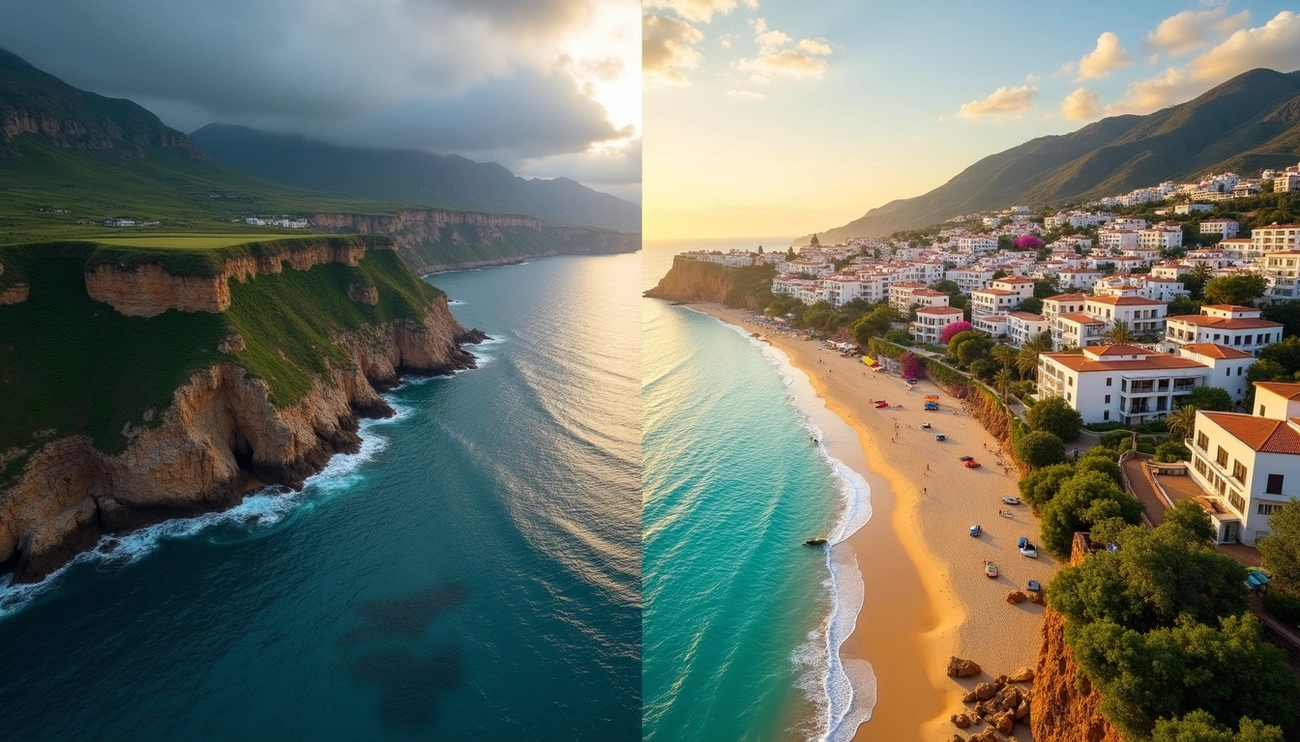 Split image contrasting Spain's rugged northern coastline with cliffs and greenery against the sunny southern beach and townscape.