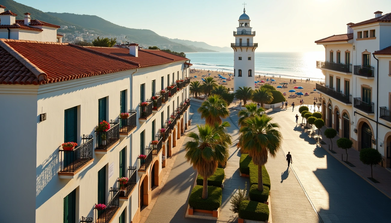 Sunny view of Torremolinos beachfront with traditional buildings, palm trees, a lighthouse, and beachgoers.