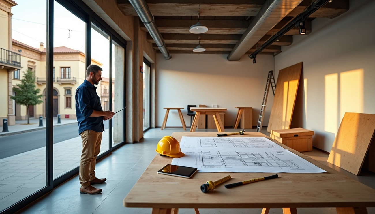 Man reviewing architectural plans in an empty commercial space being converted into housing in Spain.