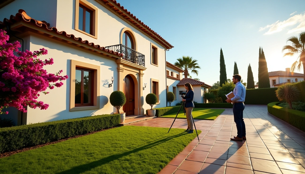 Real estate agent photographing a Spanish-style house with a client during sunset for property sale listing.