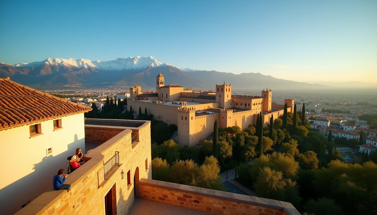 Aerial view of Granada’s historic Alhambra palace with snowy mountains and cityscape in the background at sunset.