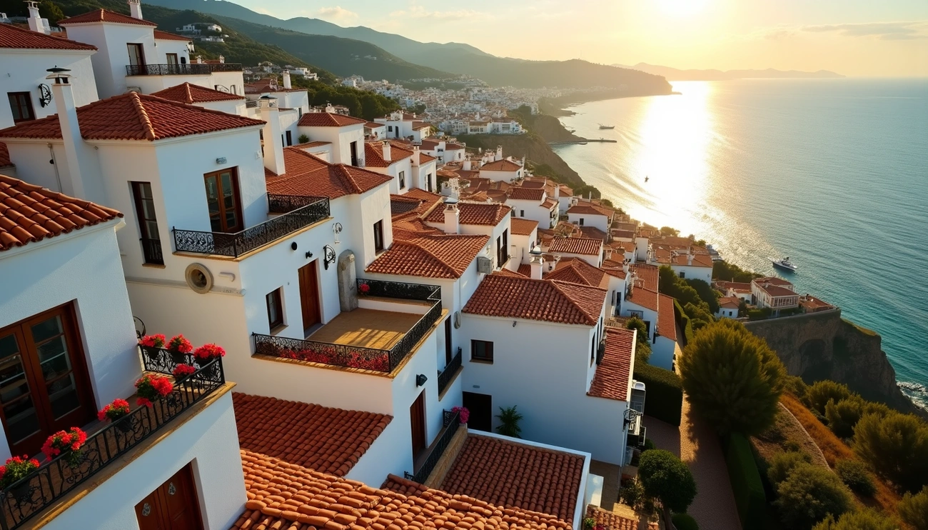 Sunlit white houses with red tile roofs overlooking the sea along the Andalusian coastline at sunset.