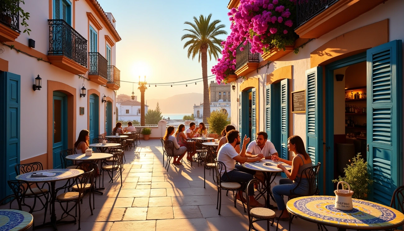 People dining at a sunlit outdoor café with colorful buildings and palm trees in Andalusian town at sunset.