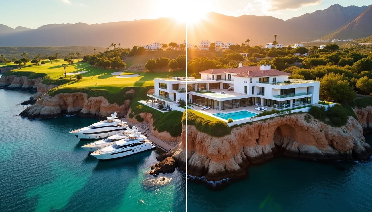 Luxury modern villa with pool on a cliffside overlooking yachts and turquoise water at sunset with mountains in the background.