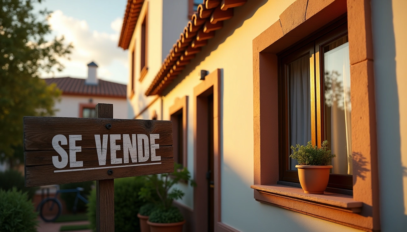 Wooden 'Se Vende' (For Sale) sign in front of a sunlit Spanish-style house with potted plants on the window ledge.