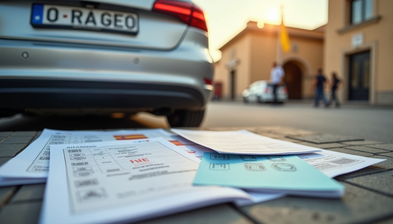 Documents for registering a French vehicle in Spain laid out on pavement near a car with a Spanish building in the background.