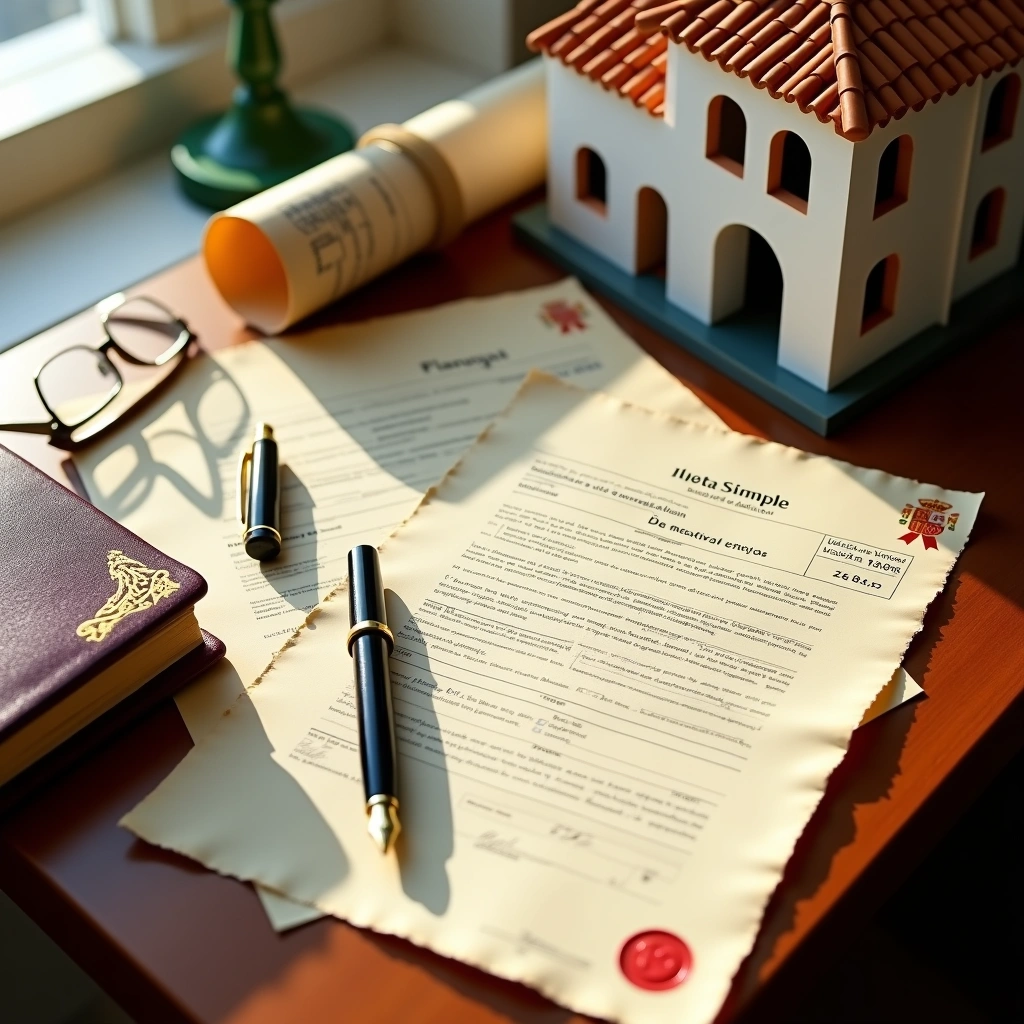 Documents, a pen, glasses, and a model house on a desk representing Spanish land registry process.