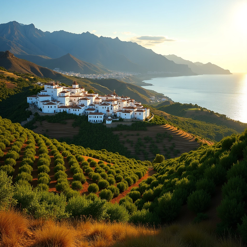Sunlit coastal village in Axarquia with white houses, terraced green fields, mountains, and the sea in the background