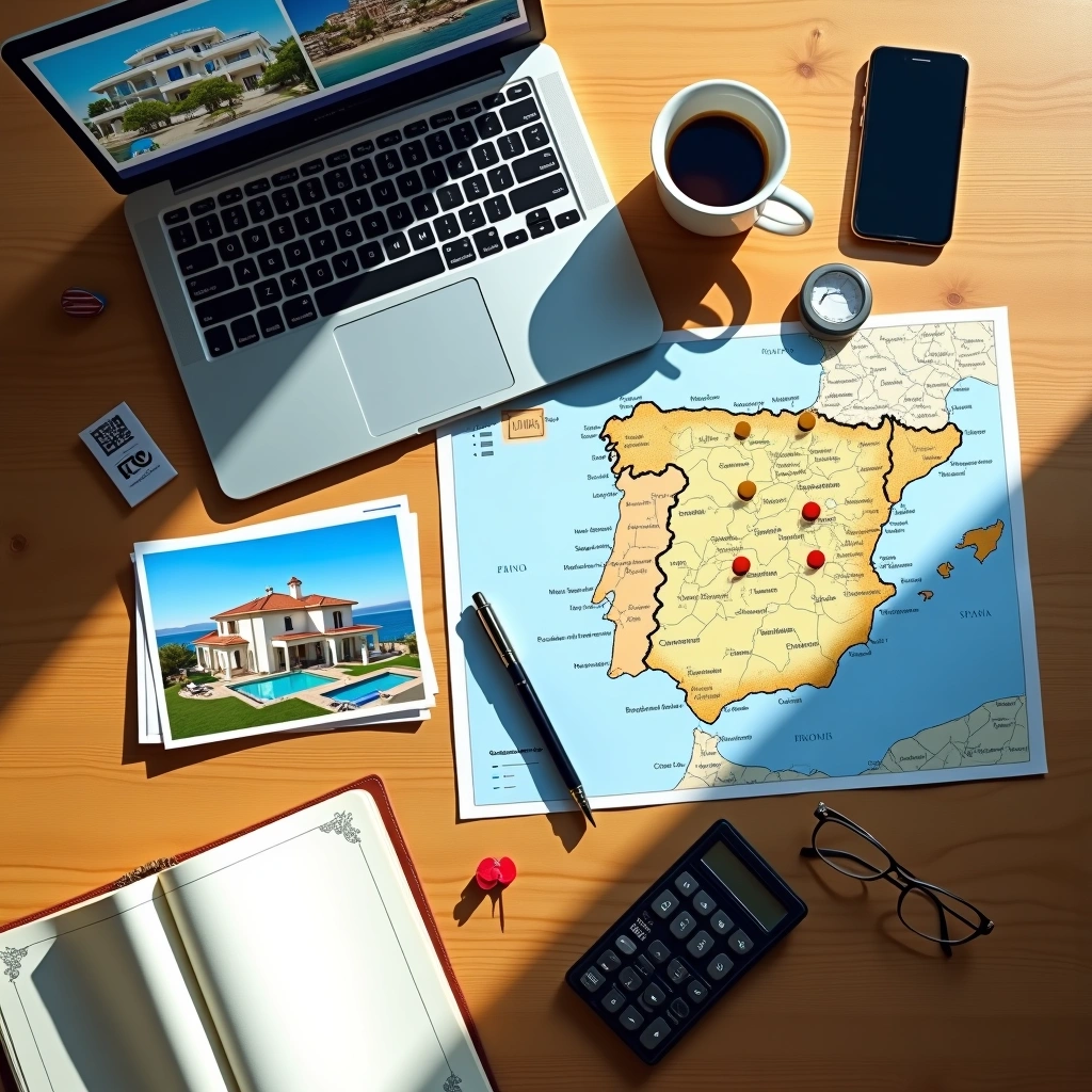 Workspace with a map of Spain, real estate photos, laptop, coffee, and calculator for French property investment planning.