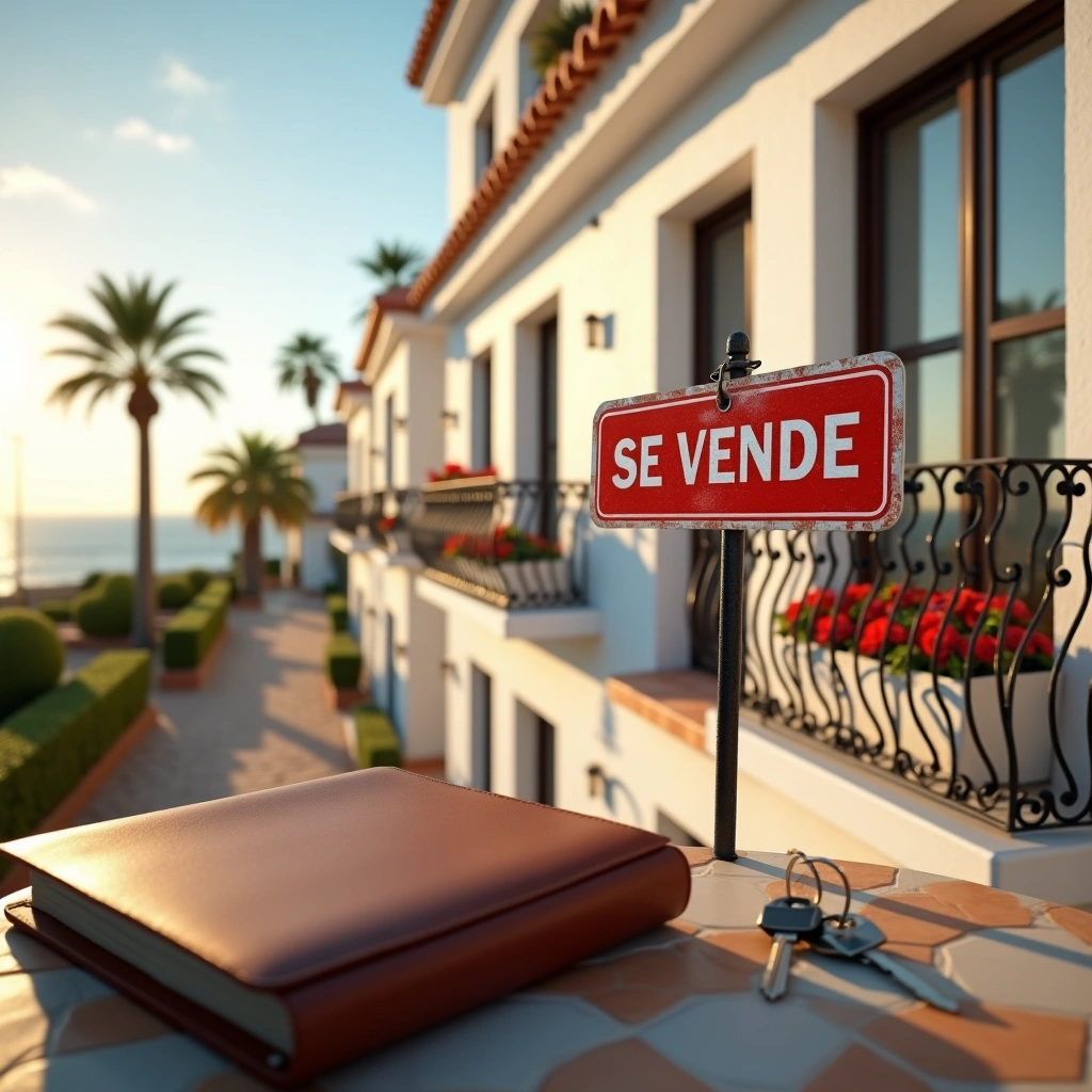Red 'Se Vende' sign in front of a Spanish seaside property with keys and a notebook on a tiled table.