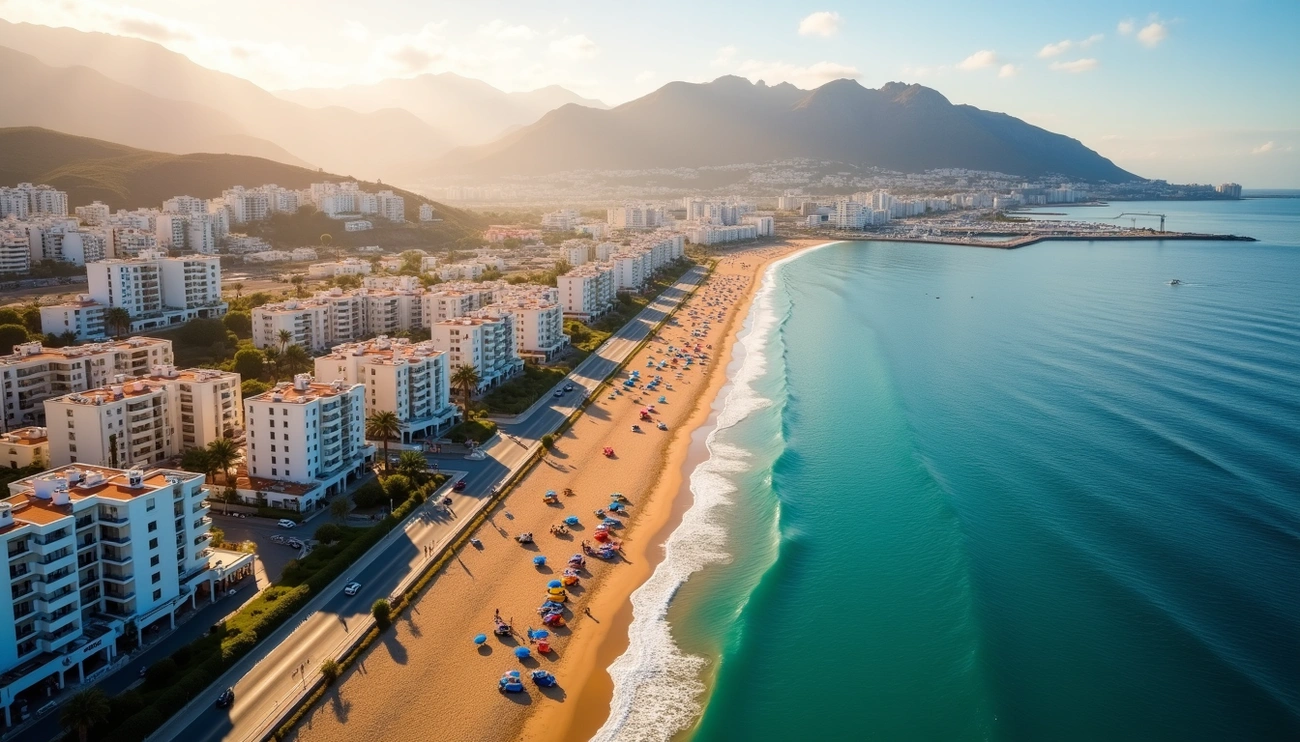 Aerial view of a sunny beach with umbrellas, turquoise sea, and coastal city buildings backed by mountains at sunset.