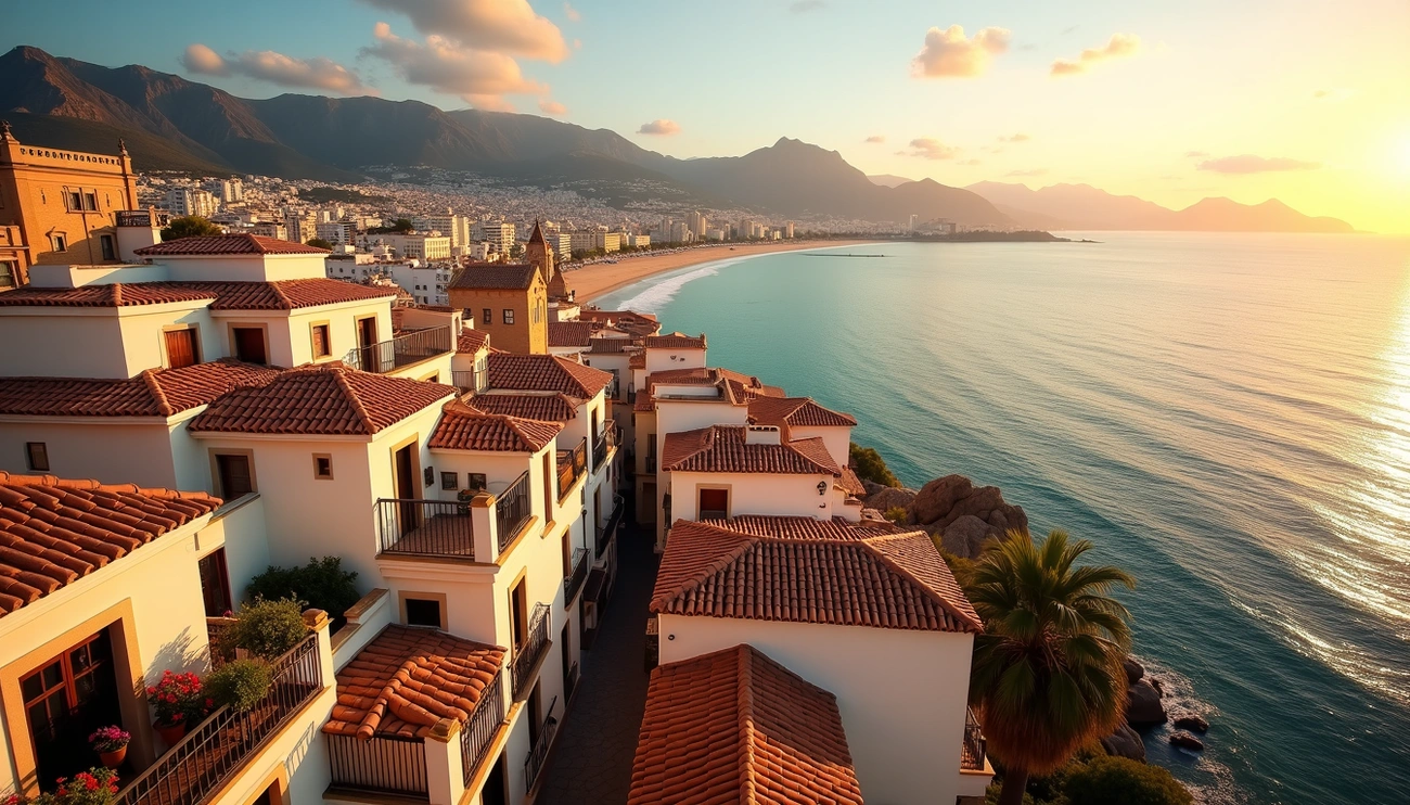 Sunset view of Malaga coastline with white buildings and terracotta roofs by the sea and mountains in the background.