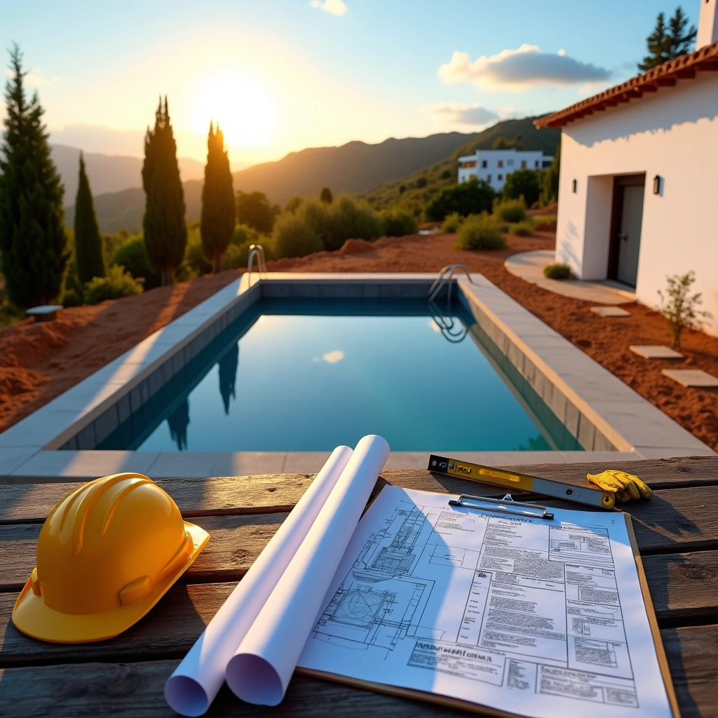 Construction plans and tools on a table beside a newly built pool with a sunset mountain view in Andalusia, Spain.