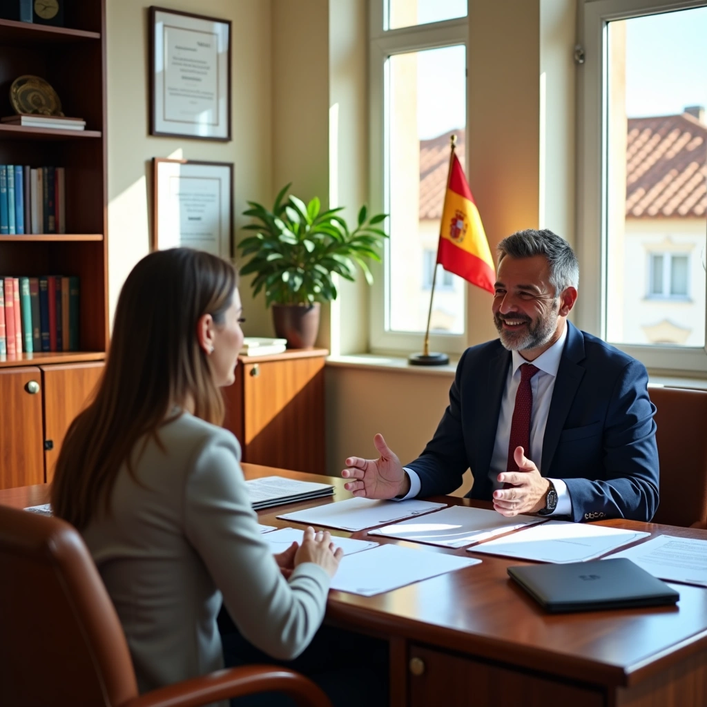 Two professionals discussing documents in a Spanish office with a Spanish flag visible by the window.