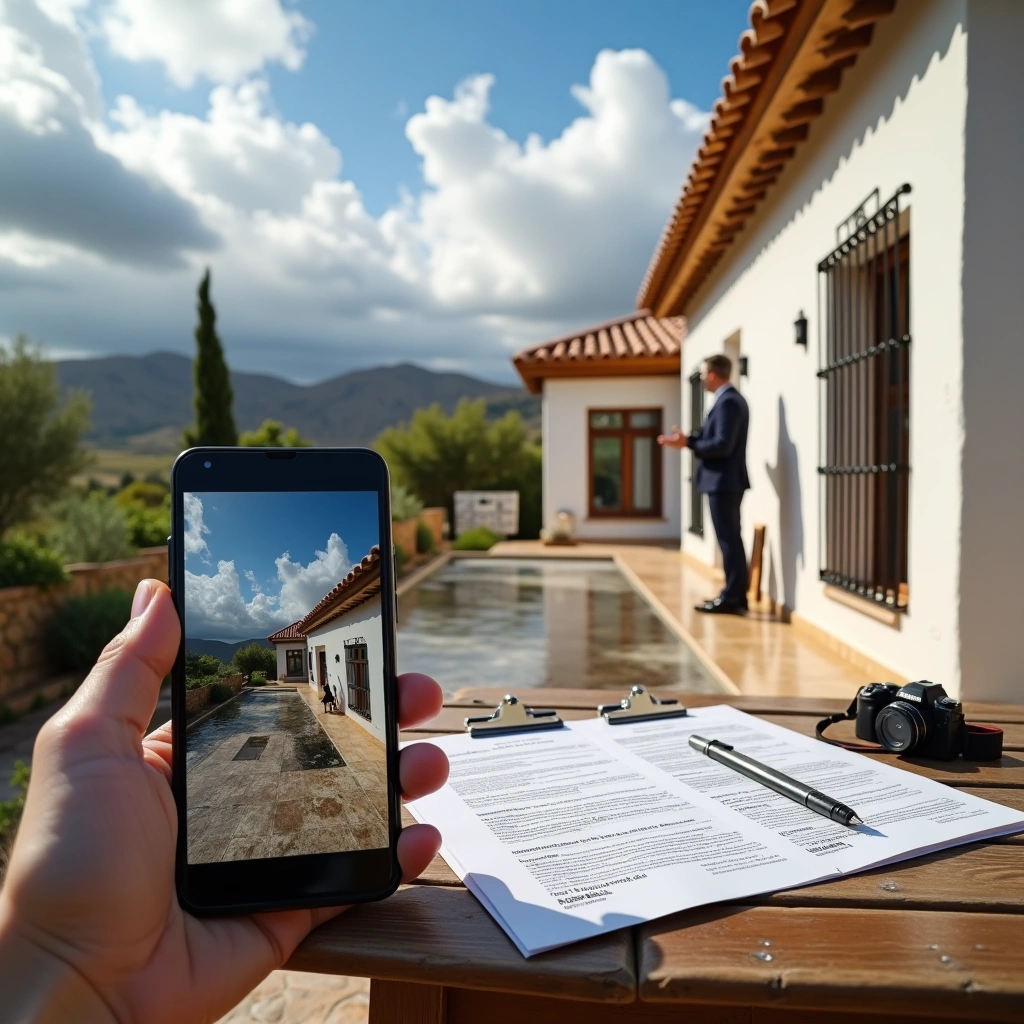 Person documenting property damage remotely in Andalusia using a smartphone with insurance papers and camera on table nearby.