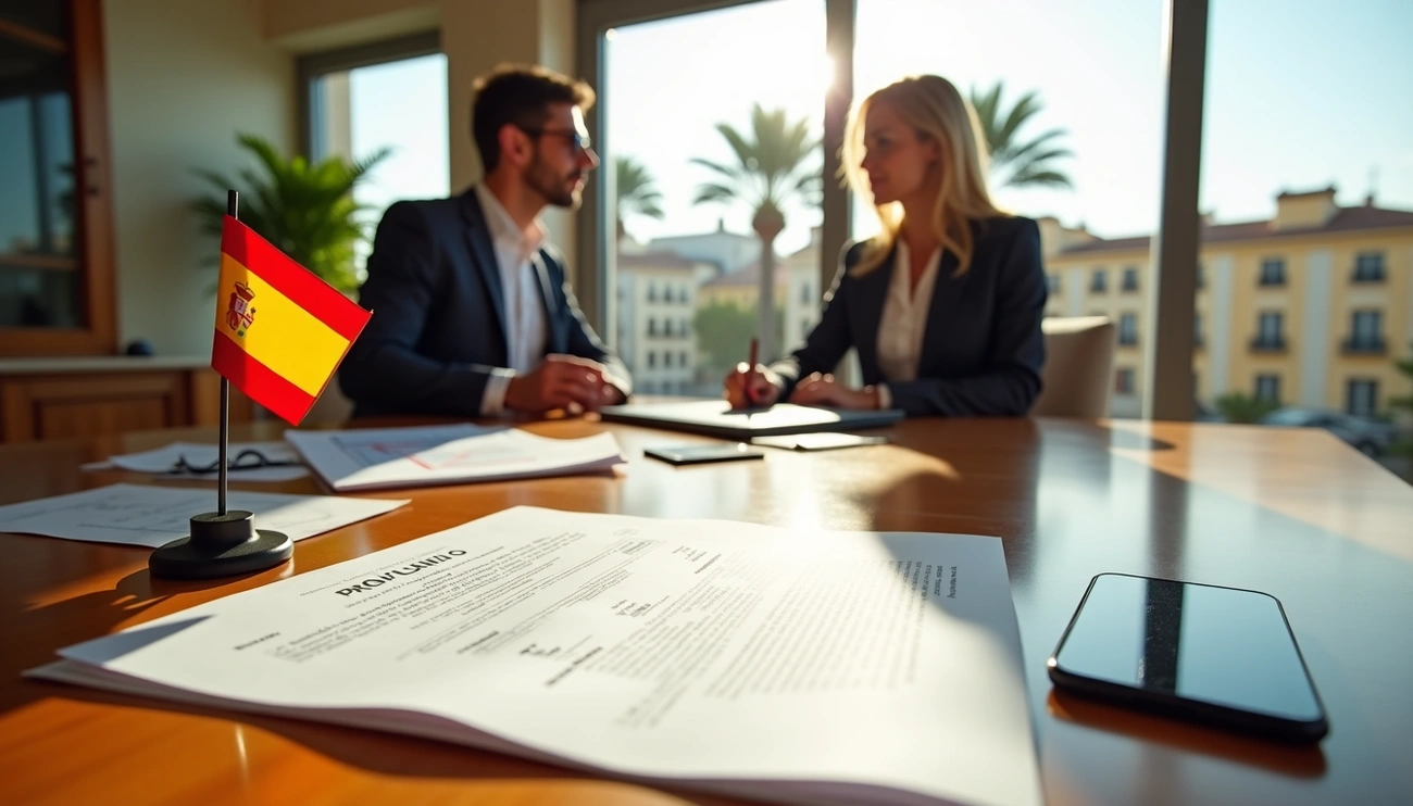 Two professionals discussing real estate contracts with a Spanish flag on the table in a sunlit office.