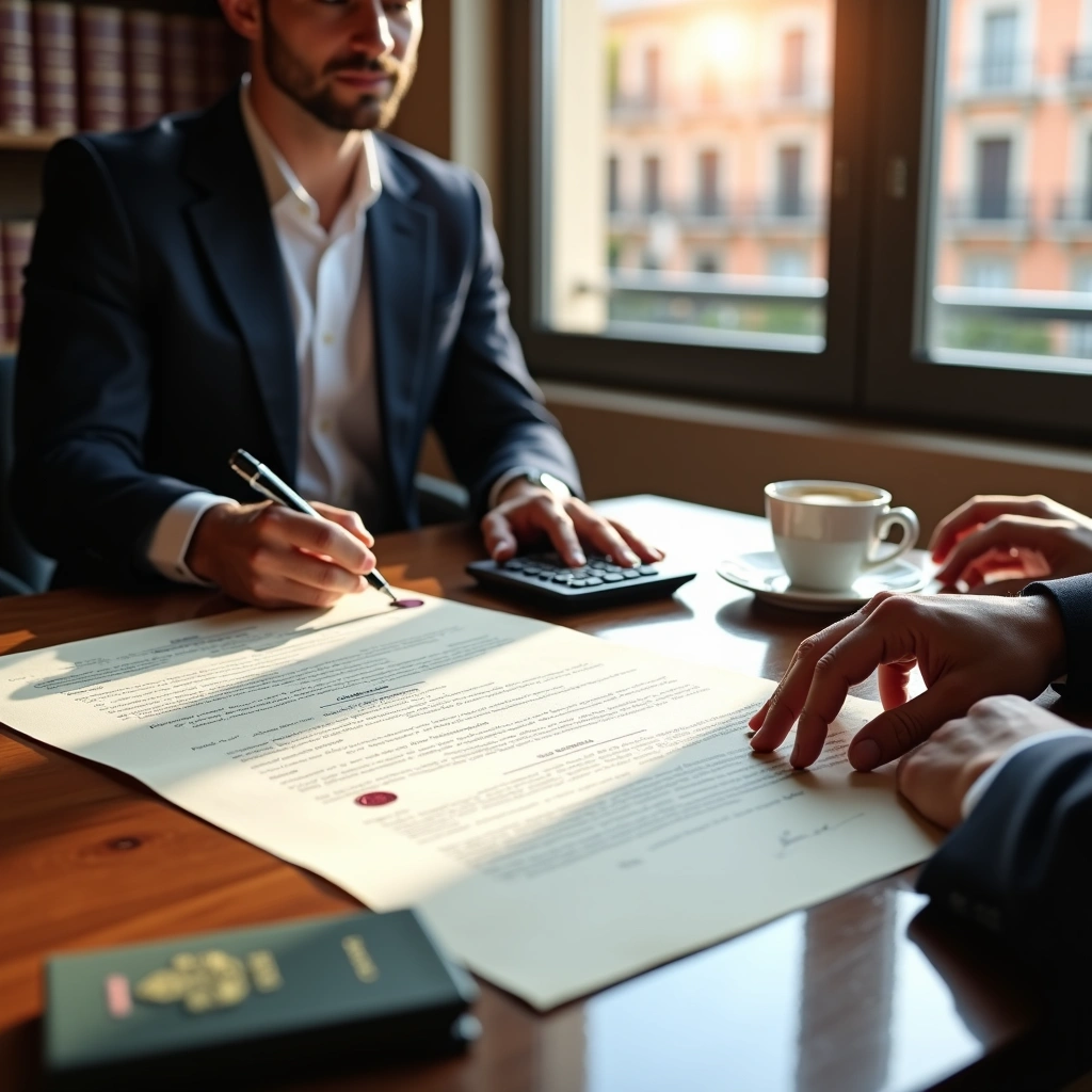 Two professionals review and sign a mortgage document in a sunlit office with a calculator and coffee cup nearby.