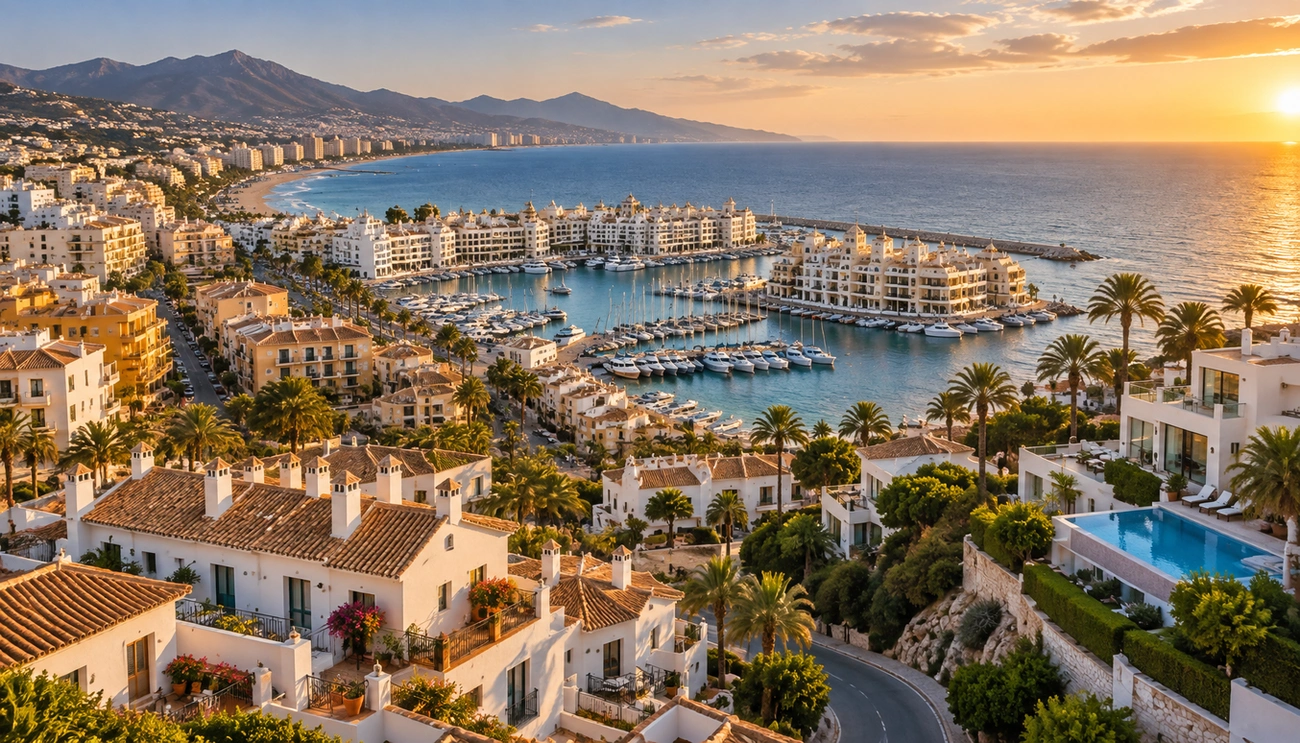 Sunset view of Benalmádena coastline with marina, white buildings, palm trees, and mountains in the background.