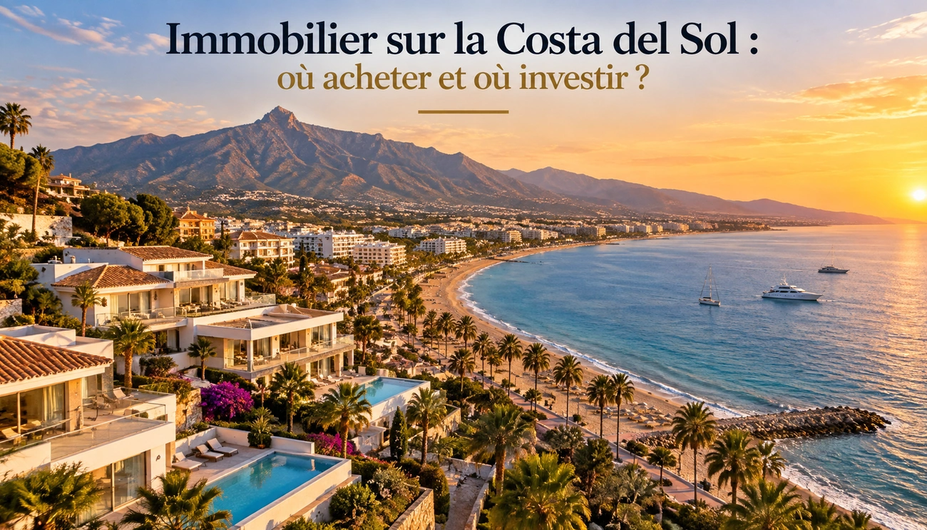 Aerial view of Costa del Sol coastline at sunset with luxury homes, palm trees, beach, and boats on the water.