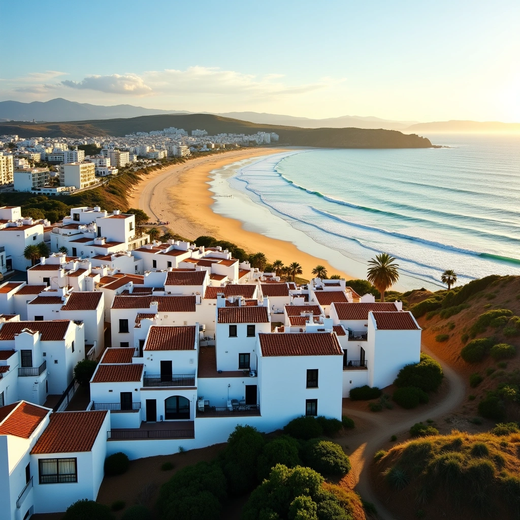 Aerial view of white Mediterranean houses with red roofs overlooking a curved sandy beach and calm sea at sunset in Conil de la Frontera.
