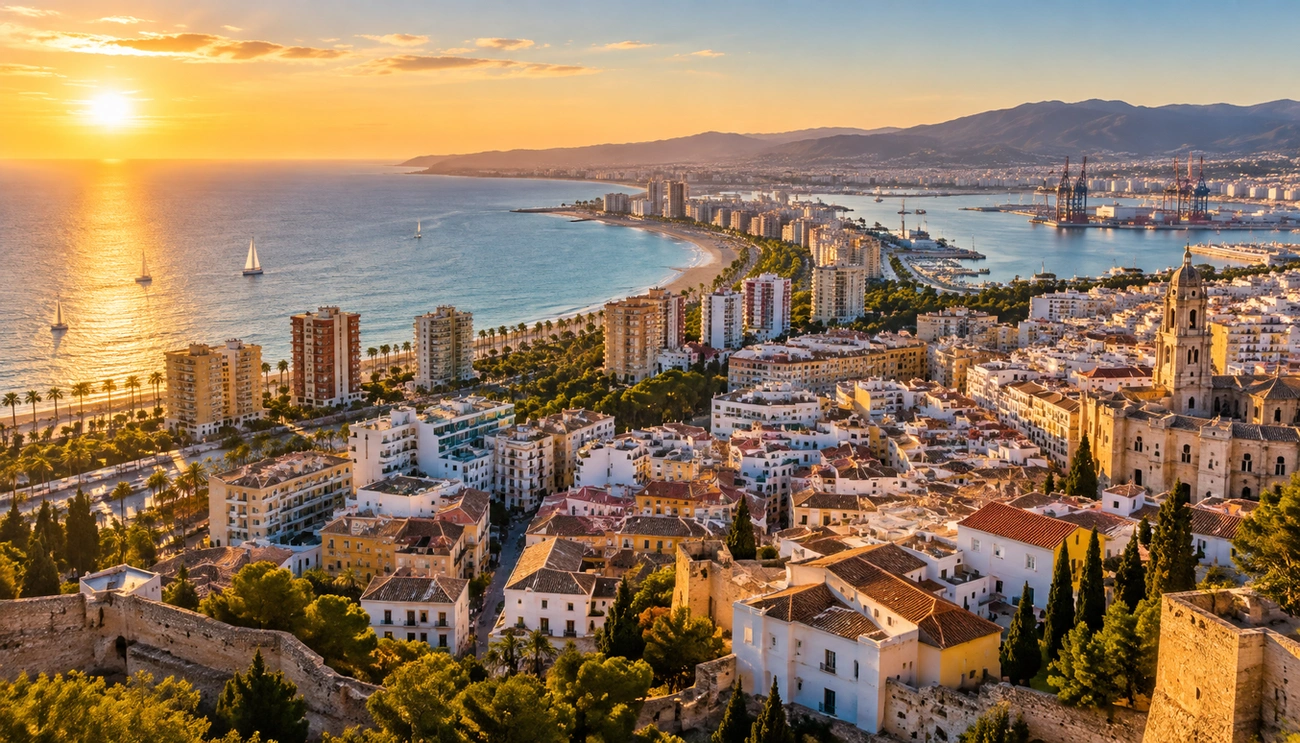 Aerial view of Malaga coastline at sunset with city buildings, beach, sailboats, and mountains in the background.