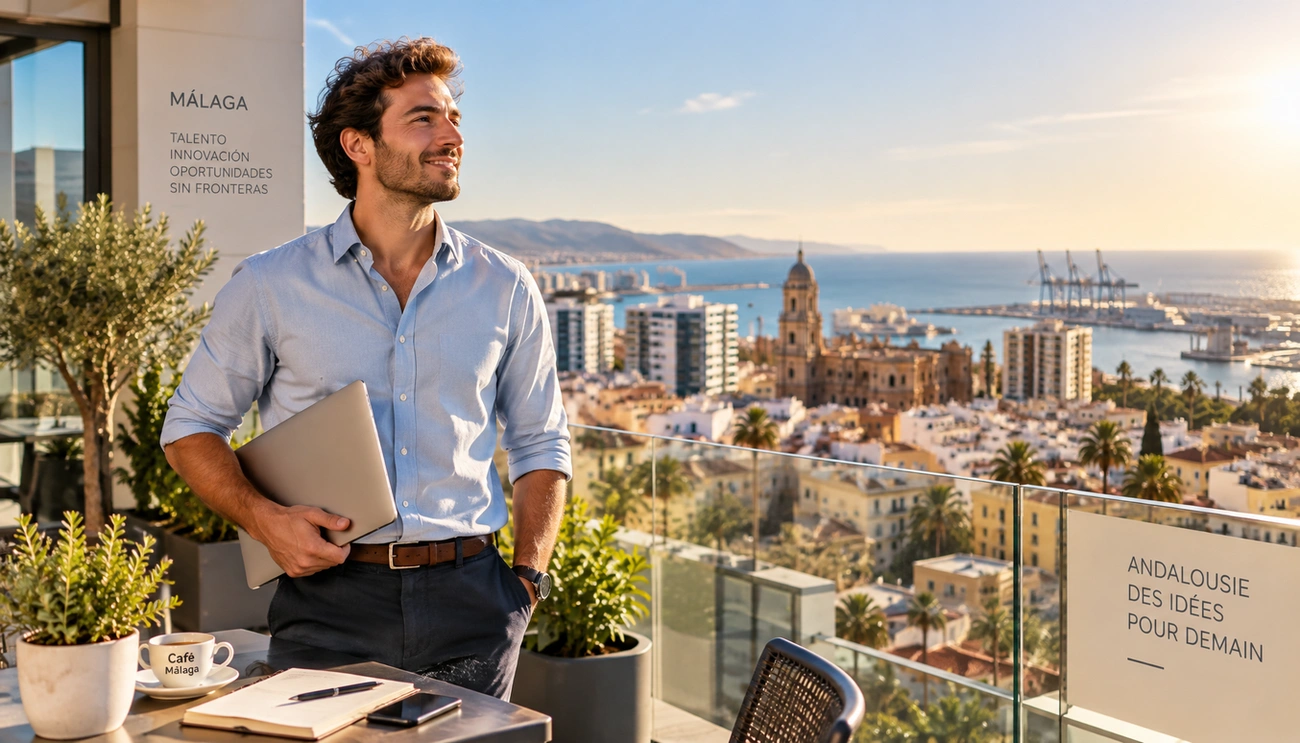 Young man holding a laptop on a balcony overlooking Málaga with the sea and cityscape in the background at sunset.