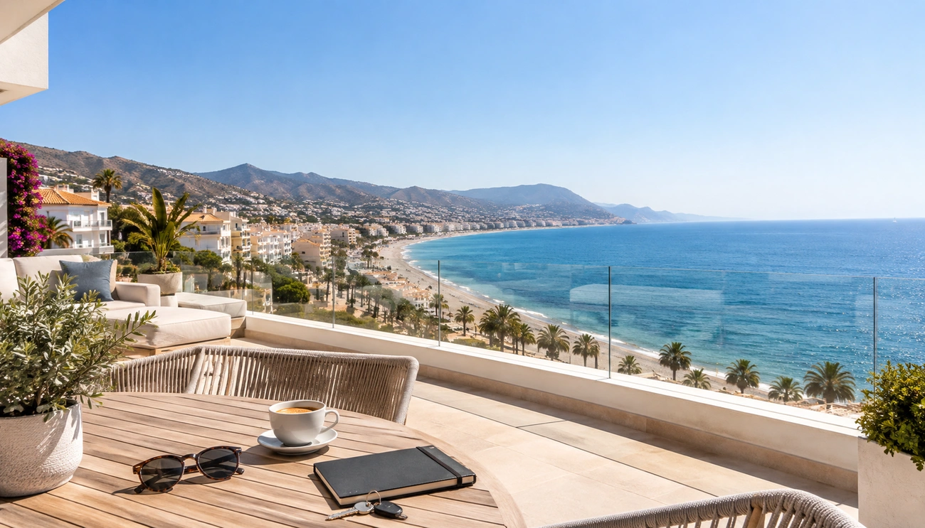 A modern seaside terrace overlooks a sandy beach, coastal apartments, and mountains along Málaga’s eastern coast.