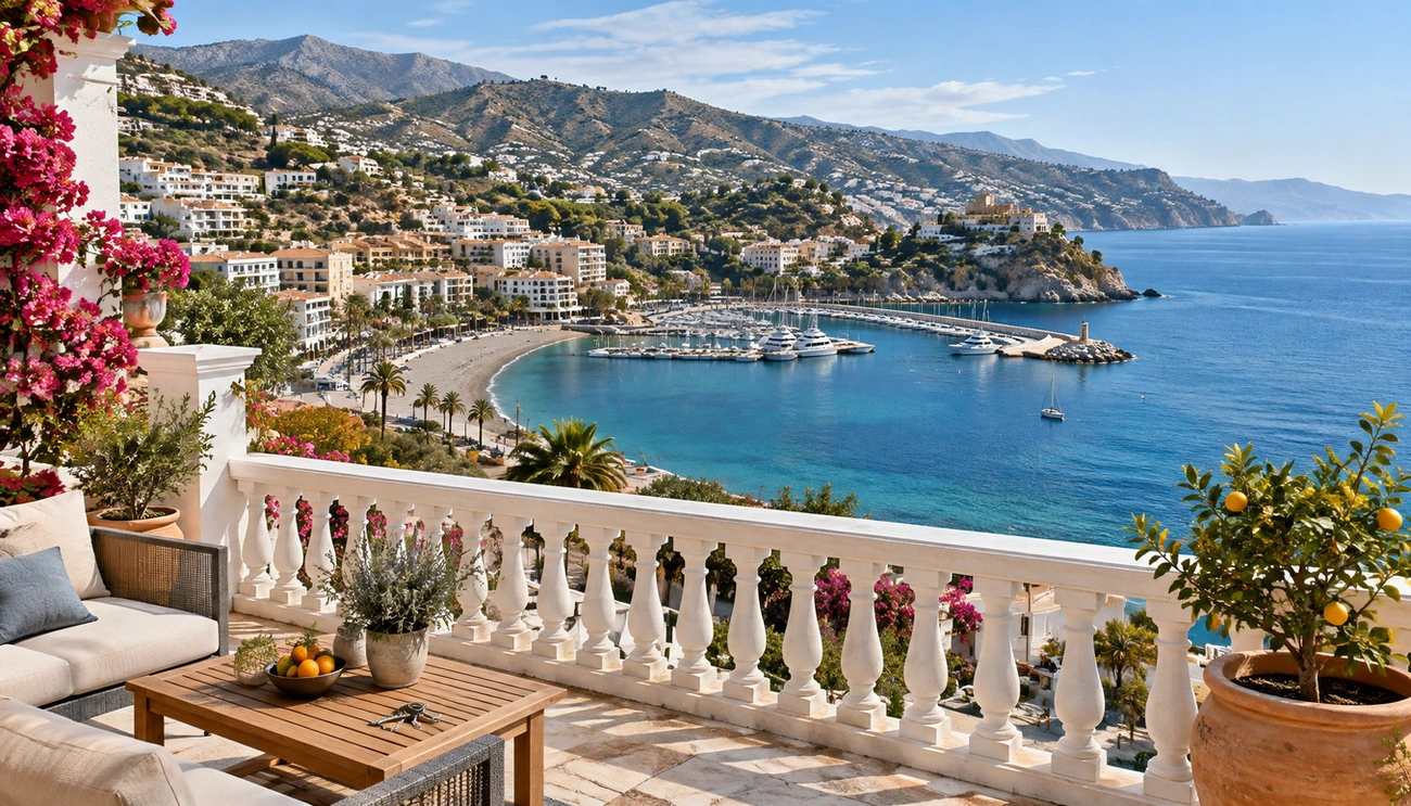 Terrace overlooking a marina, coastal town, and mountains along Spain’s Costa Tropical.