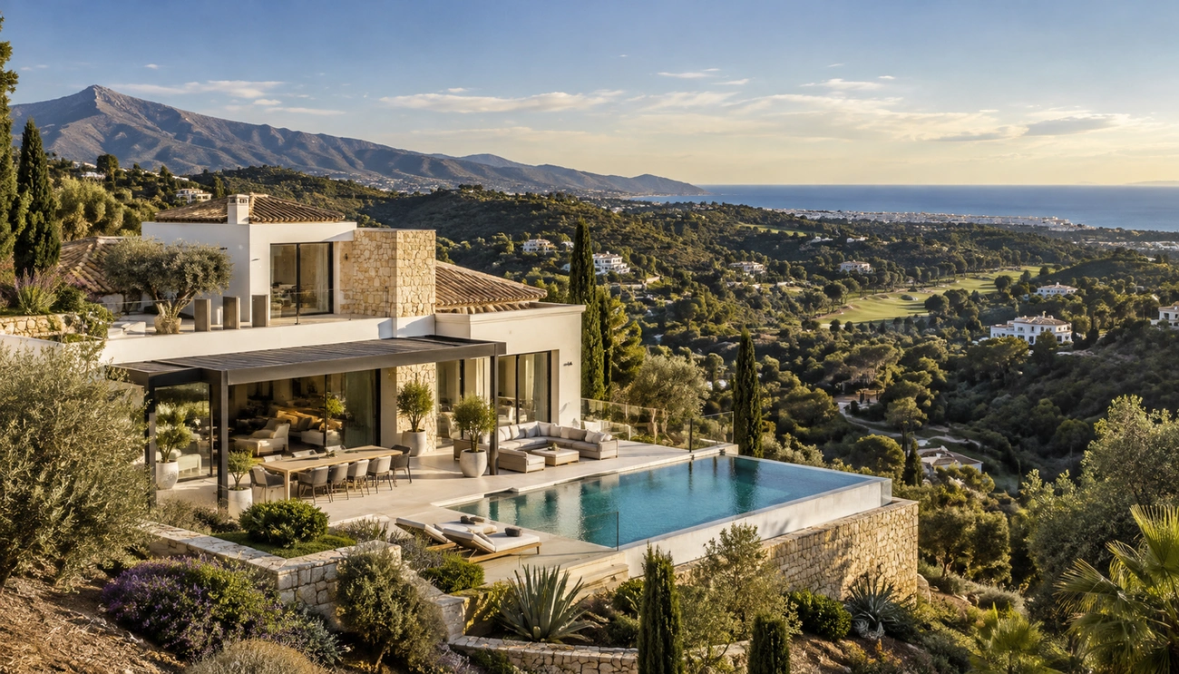 Modern luxury villa with infinity pool overlooking the green hills and Mediterranean coast of Benahavís, Spain.